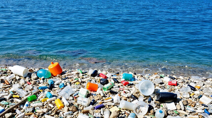 Beaches full of plastic waste, contrasting with the blue sea