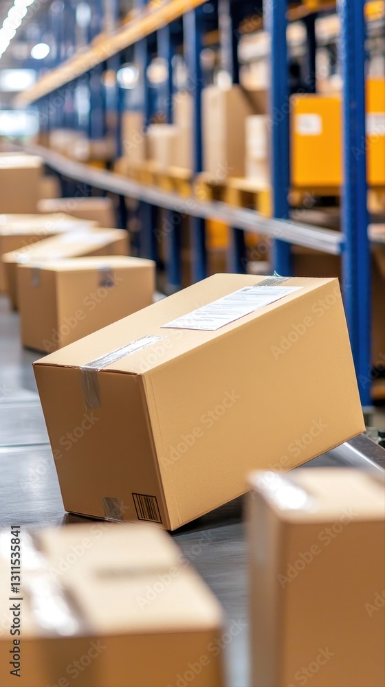 Poster boxes moving along a conveyor belt in a warehouse for automated order fulfillment and streamlined bu