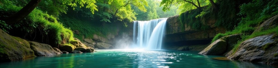Banias Nature Reserve's cascading waterfall Lush greenery frames powerful water flow , flowing, fresh, vegetation