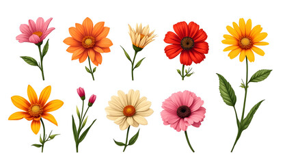 Vector flowers: Draw vector flowers of different types and colors arranged on a white background, with detailed petals and leaves.
