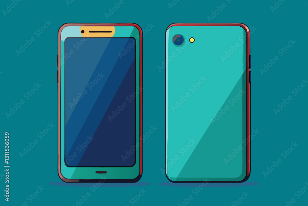Poster a detailed mock-up of a smartphone design, highlighting both the front and back views with bright co