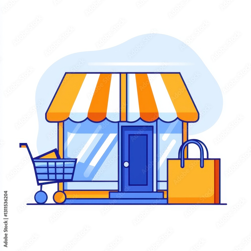 Poster a busy store featuring a shopping cart alongside a display of products illustrating brick-and-mortar