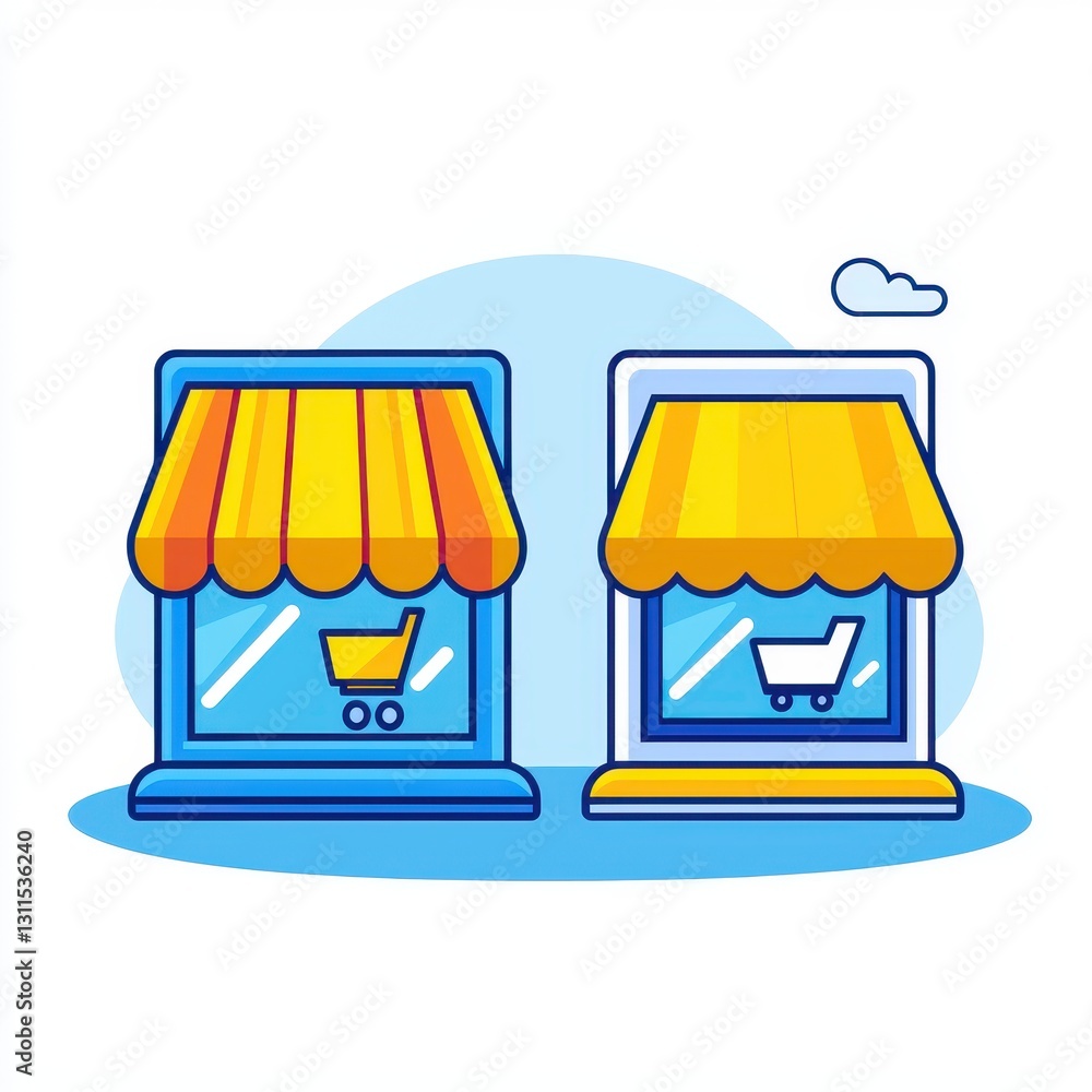 Poster a charming storefront with a shopping cart positioned in front illustrating the transition from bric