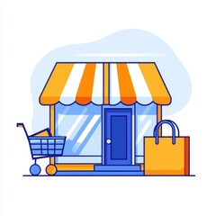 Obraz premium A busy store featuring a shopping cart alongside a display of products illustrating brick-and-mortar retail concepts
