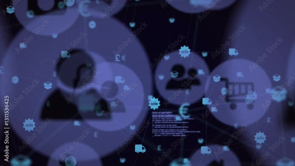 Poster animation of digital icons and currency symbols floating over network background