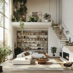 Modern minimalist loft apartment with double-height ceiling, mezzanine, bookcase, and fireplace.