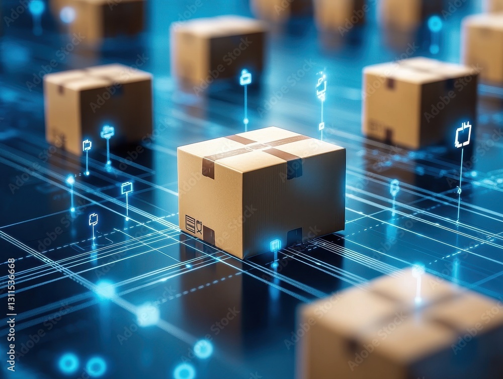 Poster box placed on a circuit board illustrating the intersection of technology and dropshipping in modern