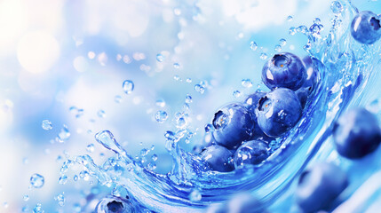 Fresh blueberries splashing in vibrant blue water with droplets