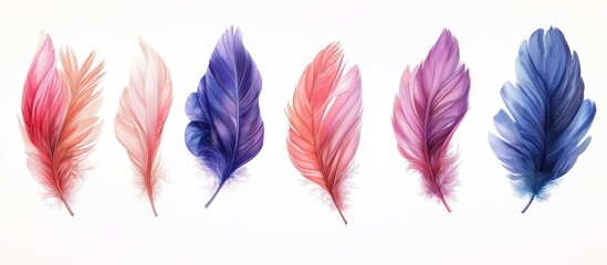 Elegant array of vibrant feathers in hues of purple, pink, and blue arranged horizontally on a white background showcasing delicate details