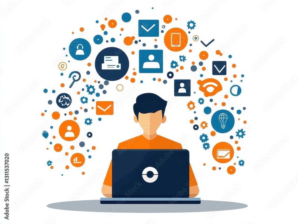 Poster focused man working on a laptop surrounded by various informative icons representing business and e-