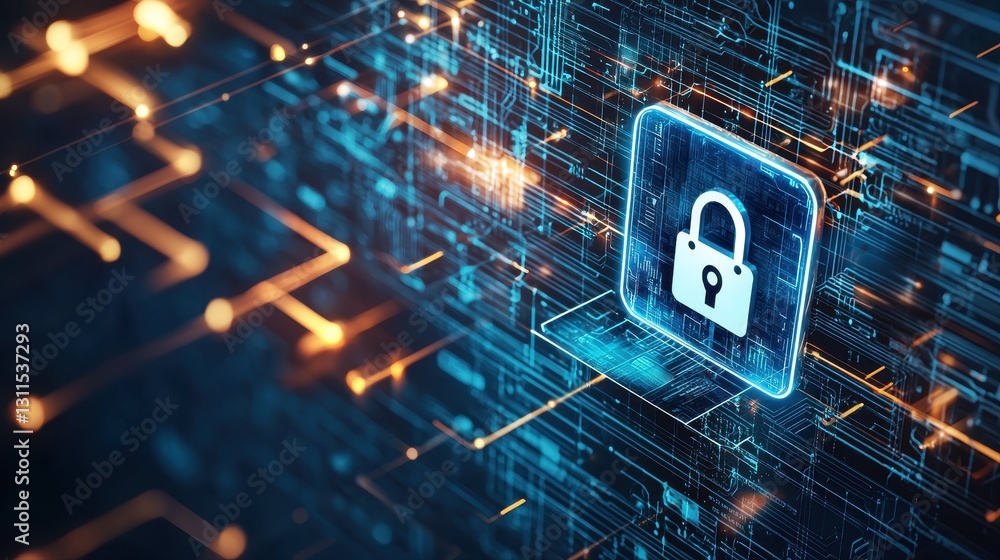 Poster close-up of a lock positioned on a circuit board representing digital security and fraud prevention 