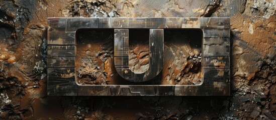 Rustic wooden block with carved letter U set against a textured earthy background creating ample copy space for text or branding.