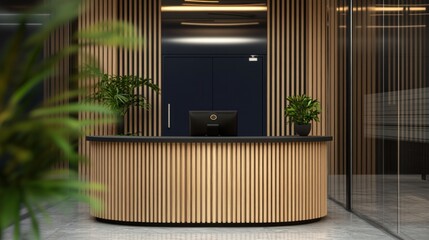 Modern minimalist office reception desk with wooden slats and plants.