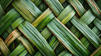 Woven green leaves texture background with natural patterns and details