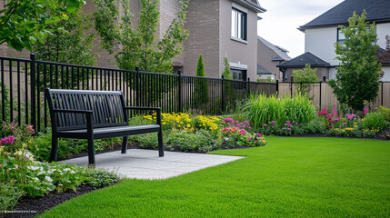 Peaceful backyard with a garden bench and safety railings installed-1