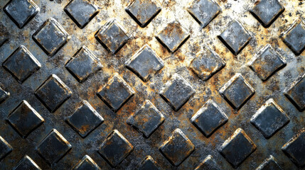 Rusty metal diamond plate background with weathered texture and patina detail