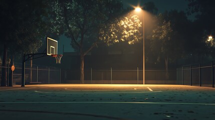 Nighttime Basketball Court Underneath Illuminated Trees