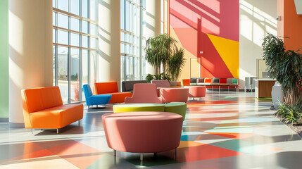 Relaxing office with geometric shapes, comfortable seating, and a bright, welcoming atmosphere-2