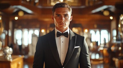 Fototapeta premium Man in tuxedo, elegant hall, display, formal wear