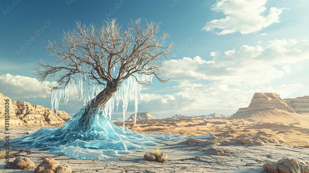 Poster climate change drought idea. a surreal tree surrounded by blue liquid in a barren landscape under a 
