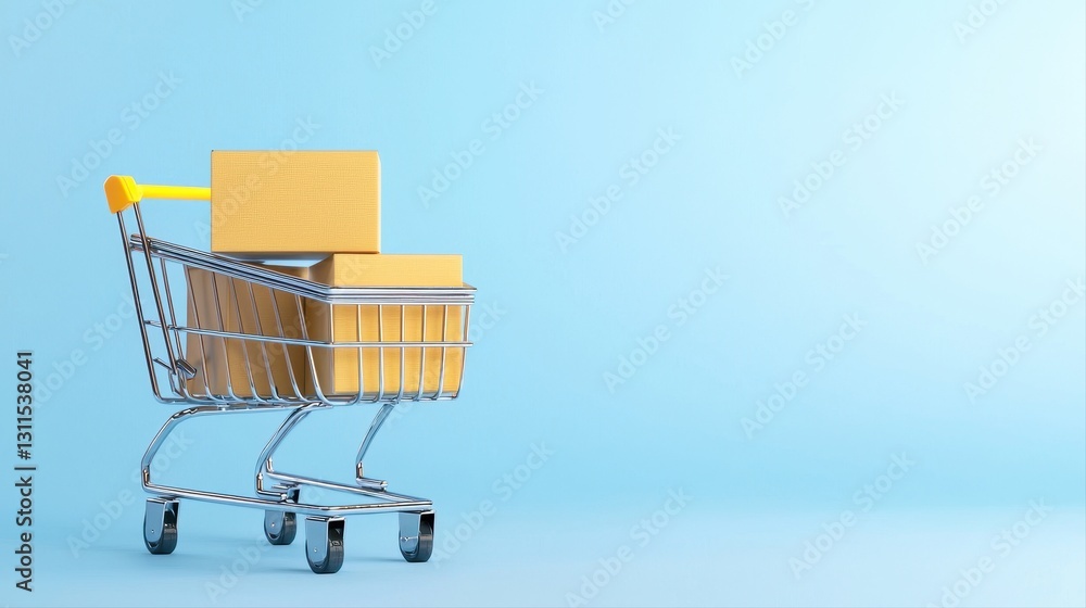 Poster shopping cart with a stack of boxes on top representing innovative ideas in niche e-commerce busines