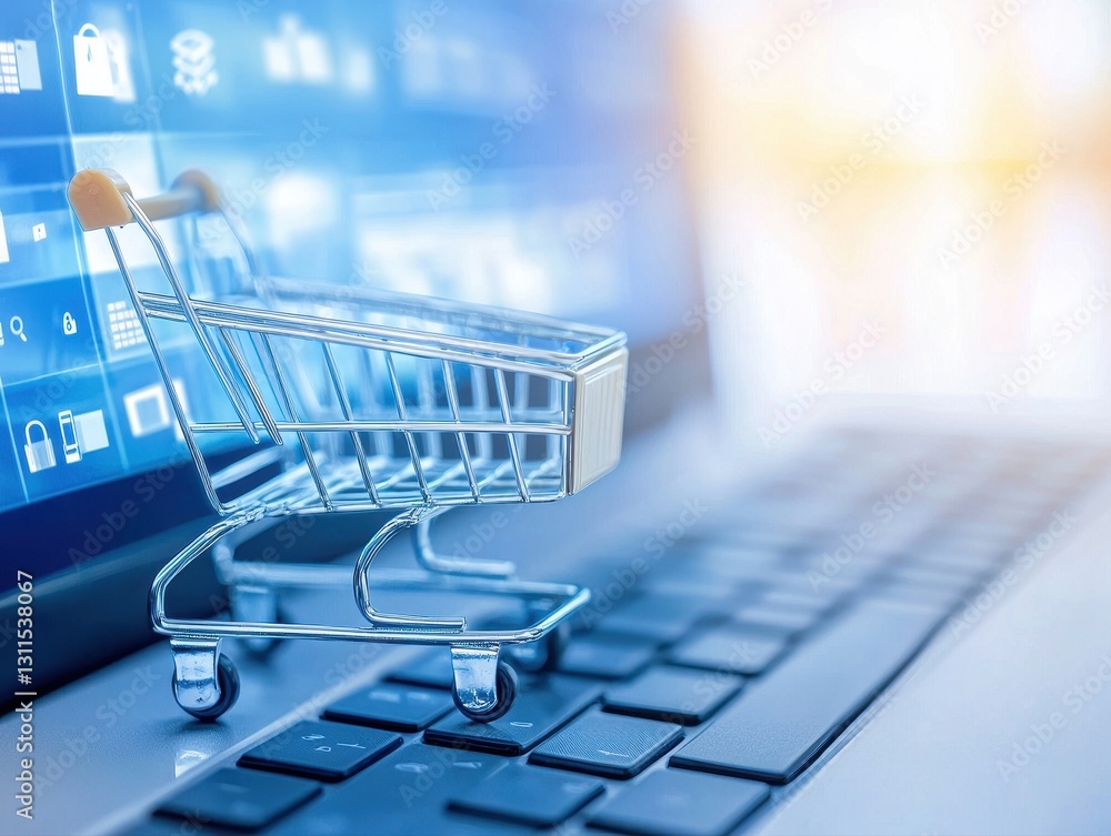 Poster shopping cart positioned on a laptop screen symbolizing digital transactions and multilingual e-comm