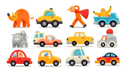 Fototapeta premium Toys in vector style: Create a set of vector toys (soft toys, cars, dolls) in bright colors on a white background.