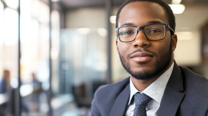 Fototapeta premium Confident african male adult in office setting with glasses and suit