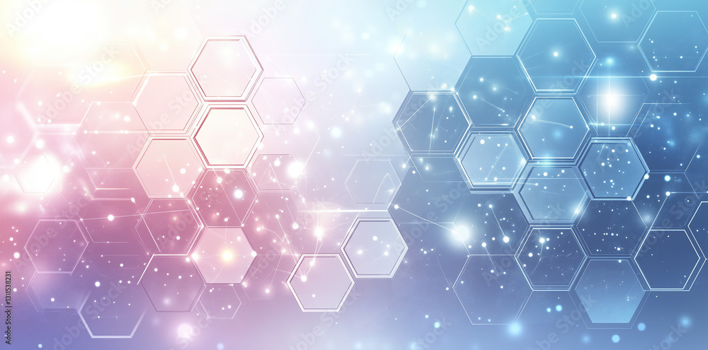 Poster abstract background with hexagonal geometric patterns glowing on a pink and blue gradient background