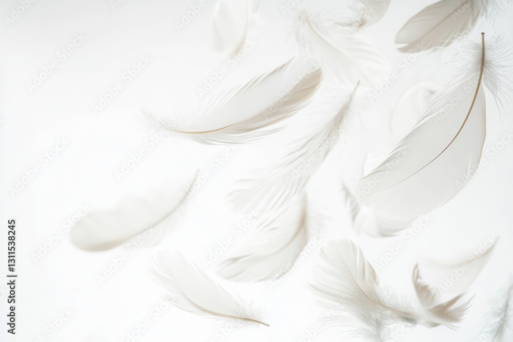 Leinwandbilder Soft floating feathers creating a dreamlike atmosphere on a bright white background in high key lighting