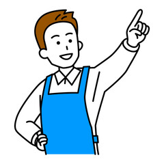 遠くを指差すエプロン姿の男性