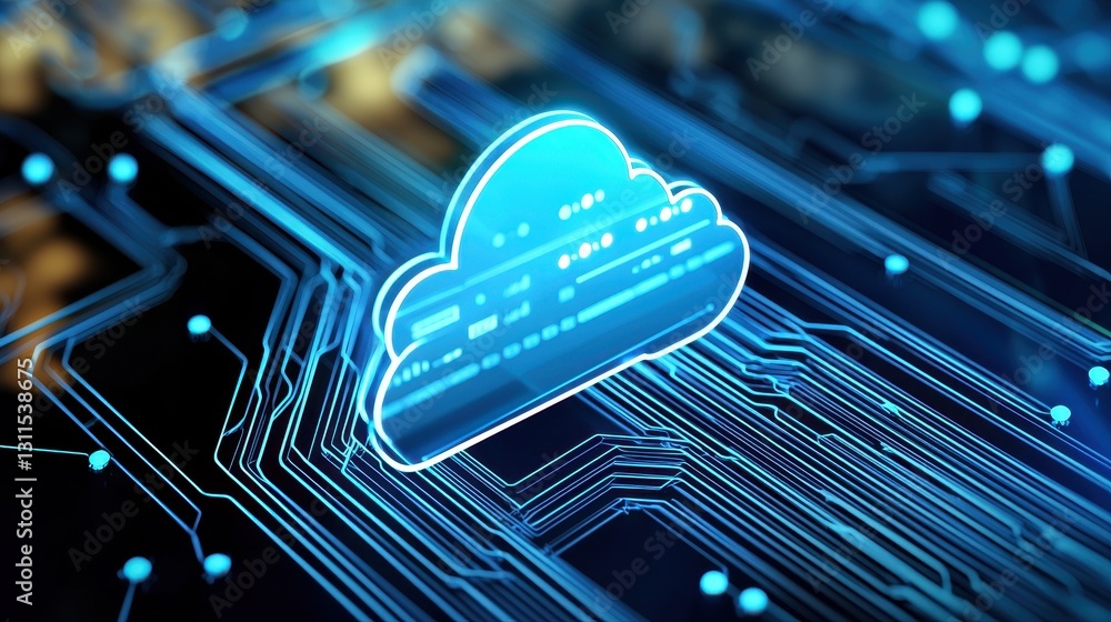 Poster cloud technology integrated with circuitry symbolizing serverless e-commerce hosting and digital inn