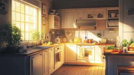 Soft lighting over a tidy kitchen with nutritious meals prepared-1