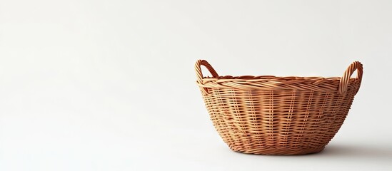 Fototapeta premium Rustic wicker basket with two handles positioned on a neutral background showcasing warm brown tones and a smooth, shadowed surface underneath.