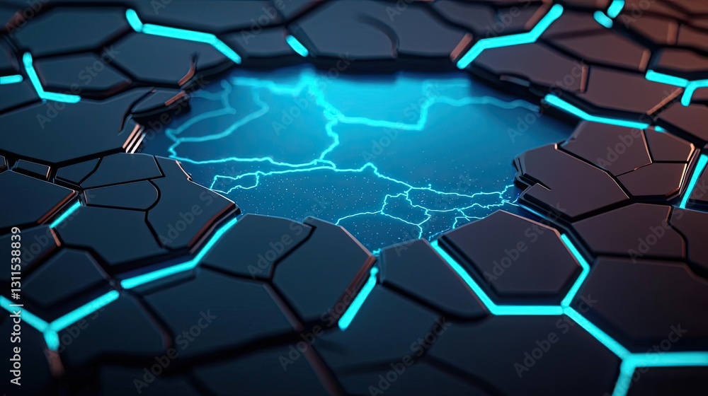 Poster climate change drought concept. a close-up view of hexagonal patterns with glowing blue lightning ef