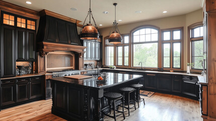Sophisticated kitchen design with black and dark wood tones, complemented by natural daylight flowing in-1