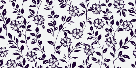 Black Floral Seamless Pattern with Hand Drawn Ink Wildflowers. Nature contemporary floral art design in retro style with subtle grunge effect perfect for modern print projects, fashion, wrapping paper