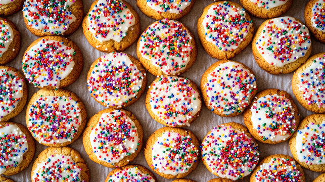 Colorful sprinkle cookies with icing topping arranged neatly on brown parchment paper - Powered by Adobe