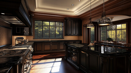 Sophisticated kitchen design with black and dark wood tones, complemented by natural daylight flowing in-4
