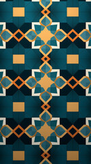Stained glass floral pattern in shades of teal blue and golden yellow, suitable as Arabic background