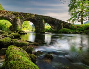 Fototapeta premium Un tranquilo canal está conectado por un antiguo puente de piedra cubierto de musgo, hiperealista, 4k