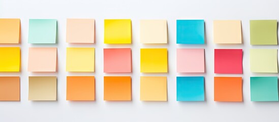 Colorful arrangement of square sticky notes in pastel shades of peach, yellow, blue, and coral on a bright white table with ample space for text.
