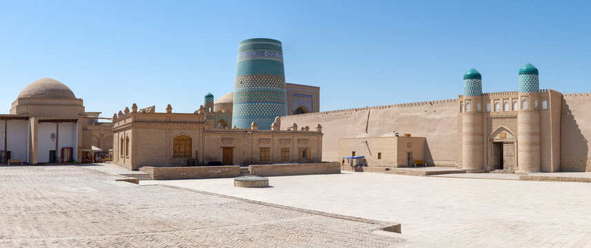 Panorama of the square in the center of the old town of Ichan-Kala. Khiva, Uzbekistan