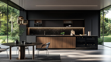 Spacious kitchen with dark wood and black elements, flooded with natural daylight for a refined look-1