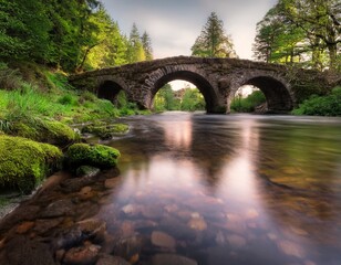 Fototapeta premium Un tranquilo canal está conectado por un antiguo puente de piedra cubierto de musgo, hiperealista, 4k
