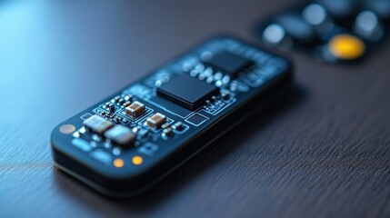 Obraz premium Mini Circuit Board on Wooden Desk, Blurred Remote