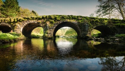 Fototapeta premium Un tranquilo canal está conectado por un antiguo puente de piedra cubierto de musgo, hiperealista, 4k