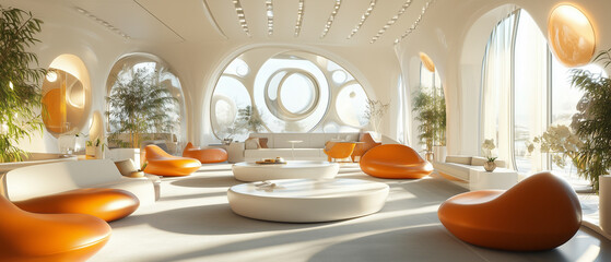 Spacious lounge area with spherical designs, sleek furniture, and natural light for relaxation-4