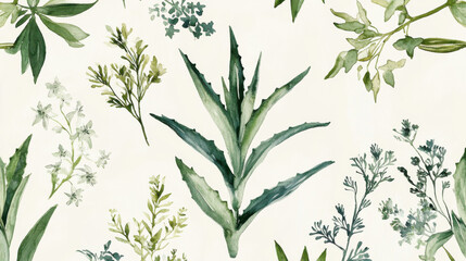 Fototapeta premium A botanical composition of desert flora, featuring an artistic arrangement of aloe vera, agave