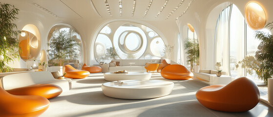 Spacious lounge area with spherical designs, sleek furniture, and natural light for relaxation-3